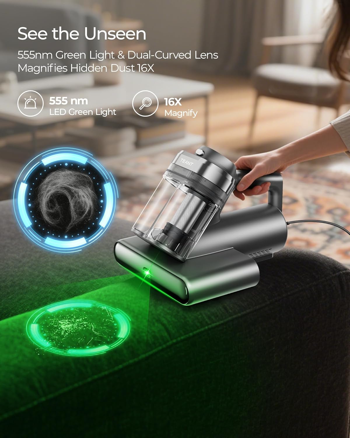 Mattress Vacuum Bed Vacuum Cleaner with 253.7nm UV-C Light, Hyper Helix Motor with 16kPa Strong Suction & 33000 RPM/Min Tapping, HEPA Filter, 149℉ Heat & Ultrasonic & Anion for Bed and Pet