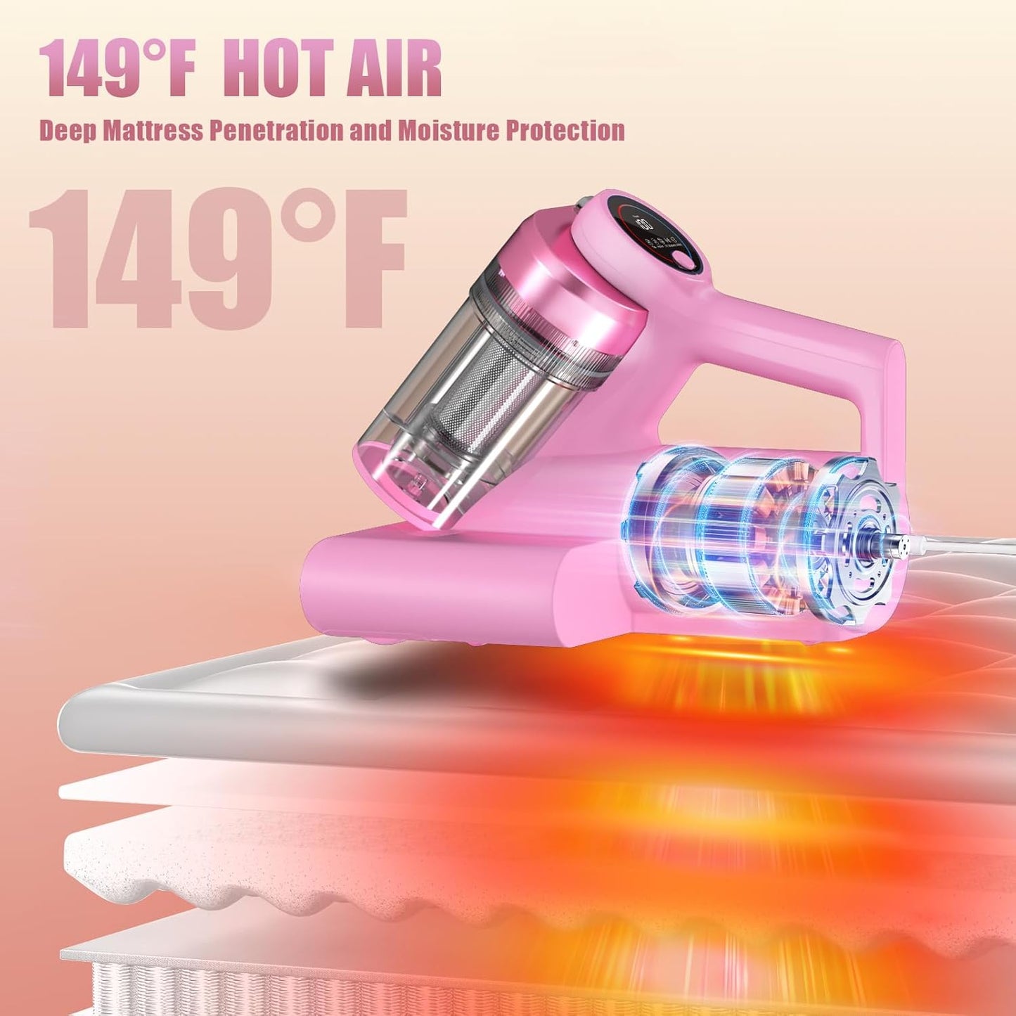 Mattress Vacuum Bed Vacuum Cleaner with 253.7nm UV-C Light, Hyper Helix Motor with 16kPa Strong Suction & 33000 RPM/Min Tapping, HEPA Filter, 149℉ Heat & Ultrasonic & Anion for Bed and Pet