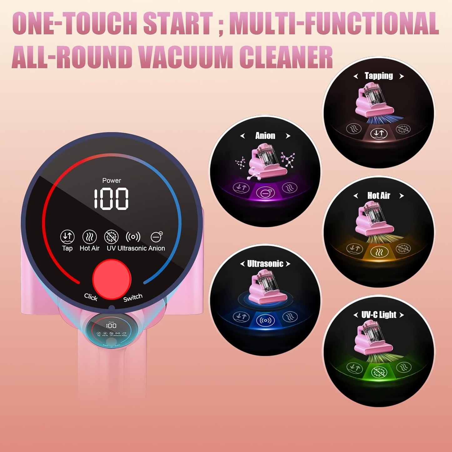 Mattress Vacuum Bed Vacuum Cleaner with 253.7nm UV-C Light, Hyper Helix Motor with 16kPa Strong Suction & 33000 RPM/Min Tapping, HEPA Filter, 149℉ Heat & Ultrasonic & Anion for Bed and Pet