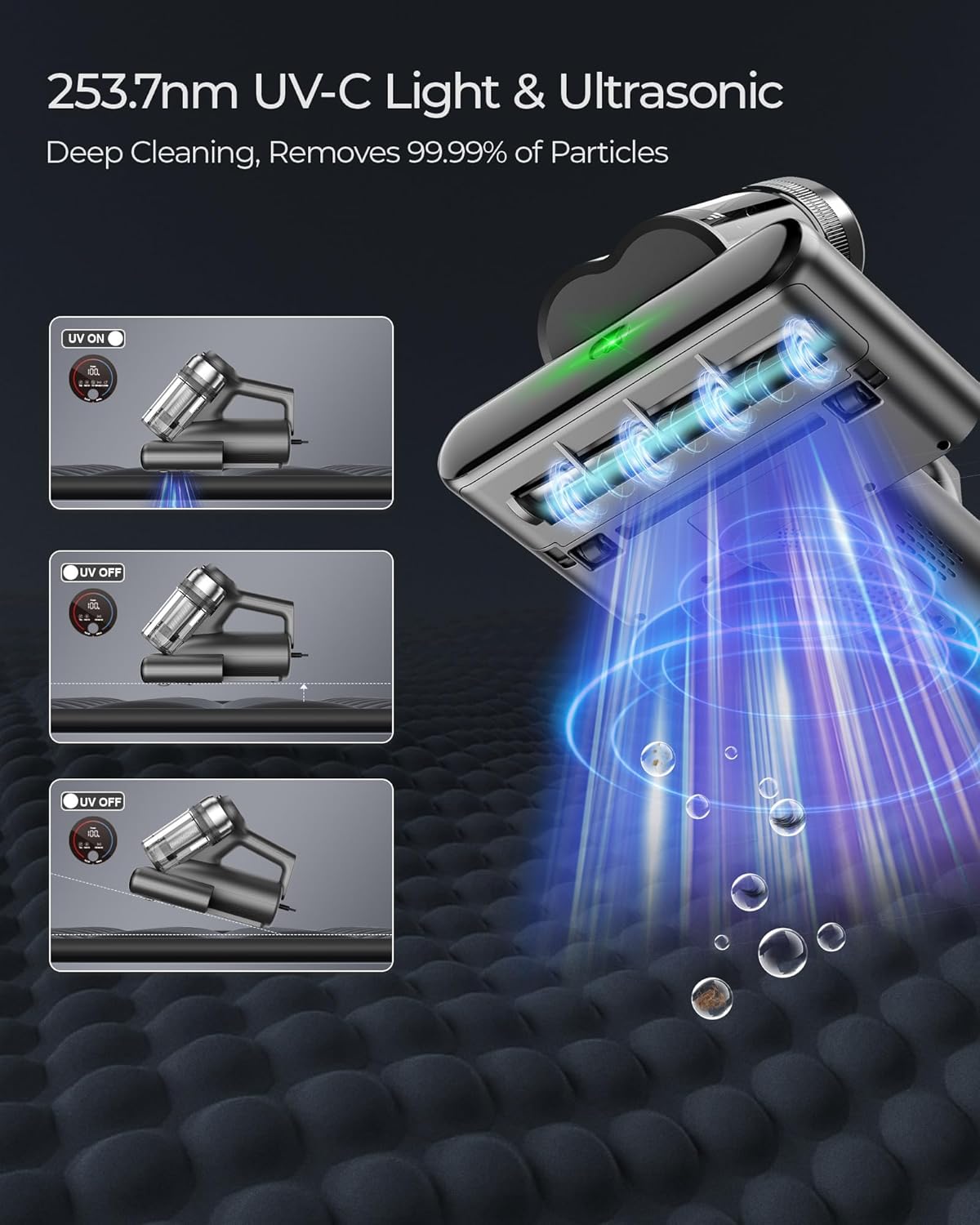 Mattress Vacuum Bed Vacuum Cleaner with 253.7nm UV-C Light, Hyper Helix Motor with 16kPa Strong Suction & 33000 RPM/Min Tapping, HEPA Filter, 149℉ Heat & Ultrasonic & Anion for Bed and Pet